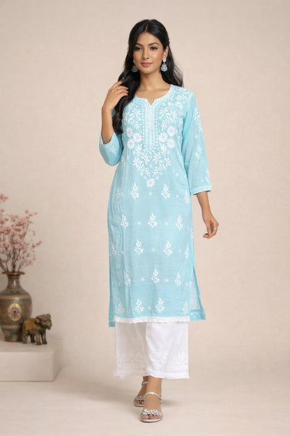 Lucknow Fashion Diary Hand Embroidered Lucknowi Chikankari Women's Blue Modal Kurti