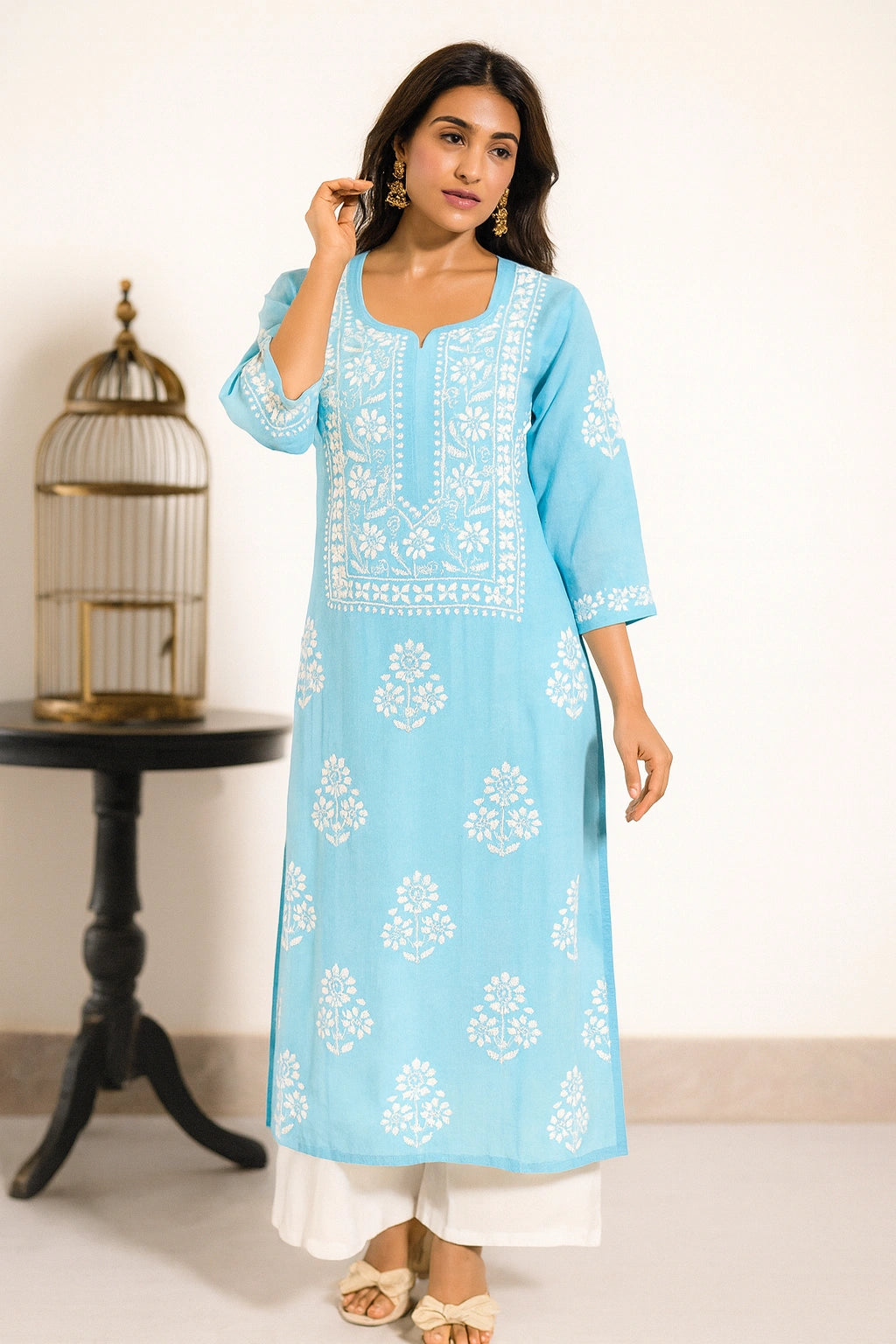 Lucknow Fashion Diary Hand Embroidered Lucknowi Chikankari Women's Blue Modal Kurti