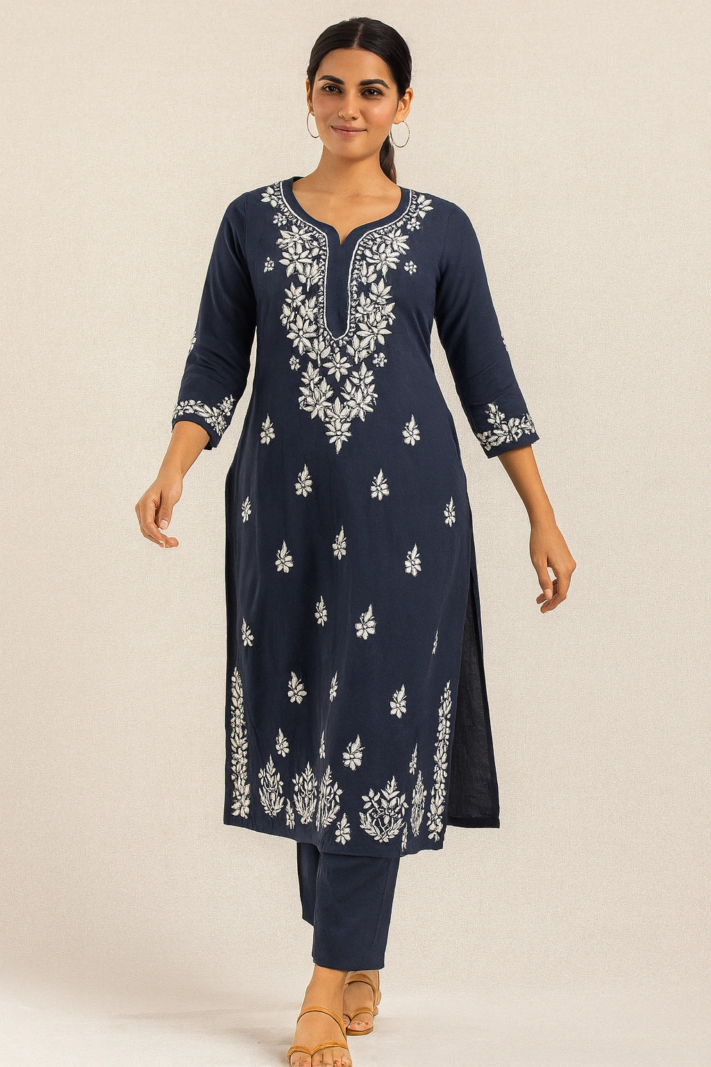 Lucknow Fashion Diary Hand Embroidered Lucknowi Chikankari Women's Navy Blue Modal Kurti