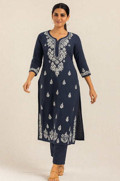 Lucknow Fashion Diary Hand Embroidered Lucknowi Chikankari Women's Navy Blue Modal Kurti