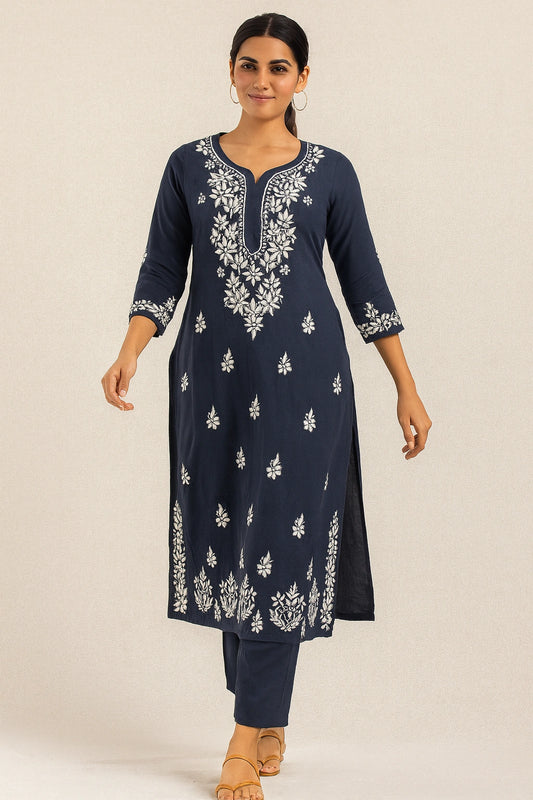 Lucknow Fashion Diary Hand Embroidered Lucknowi Chikankari Women's Navy Blue Modal Kurti