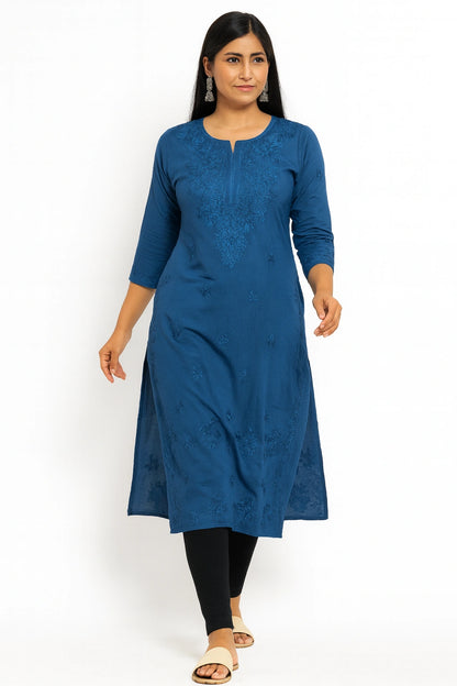 Lucknow Fashion Diary Hand Embroidered Lucknowi Chikankari Women's Blue Modal Kurti