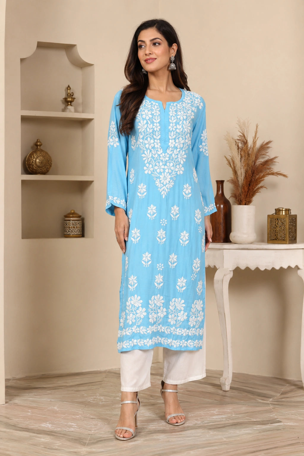 Lucknow Fashion Diary Hand Embroidered Lucknowi Chikankari Women's Blue Modal Kurti