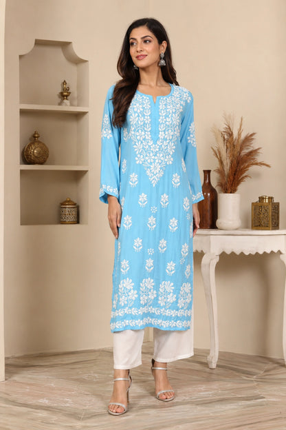 Lucknow Fashion Diary Hand Embroidered Lucknowi Chikankari Women's Blue Modal Kurti