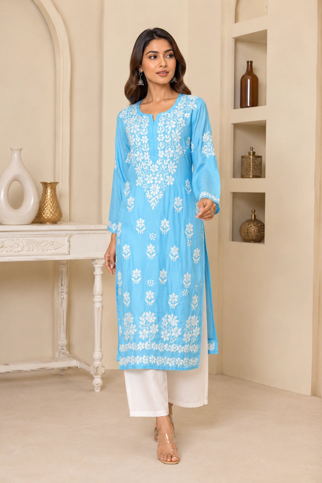 Woman wearing a light blue embroidered kurta with white pants in an indoor setting.
