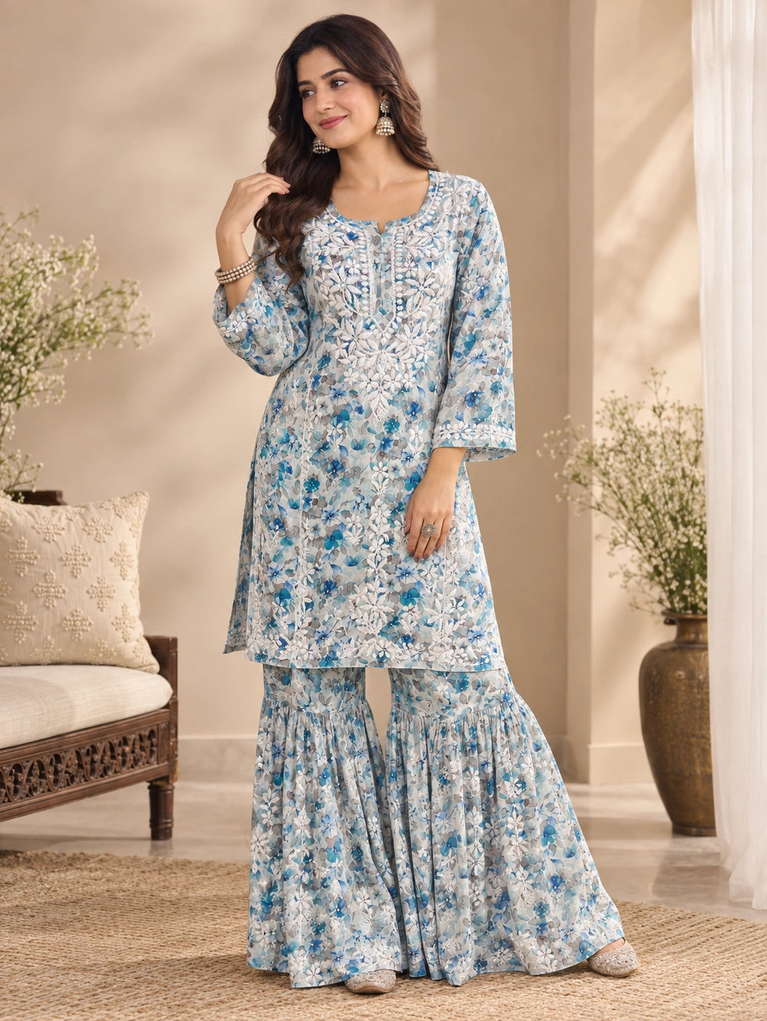 Lucknow Fashion Diary Hand Embroidered Lucknowi Chikankari Women's Blue Cotton printed Kurta Bottom