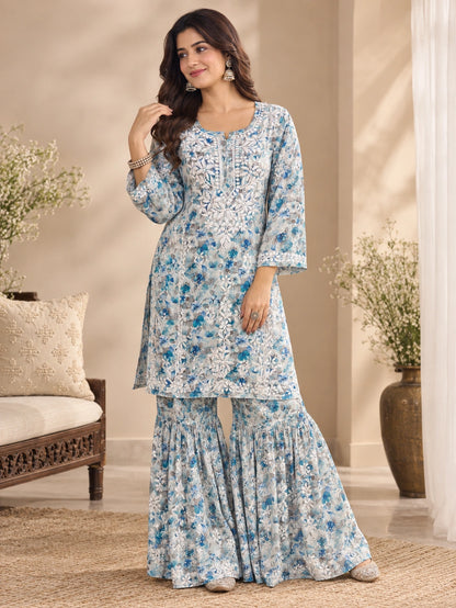 Lucknow Fashion Diary Hand Embroidered Lucknowi Chikankari Women's Blue Cotton printed Kurta Bottom