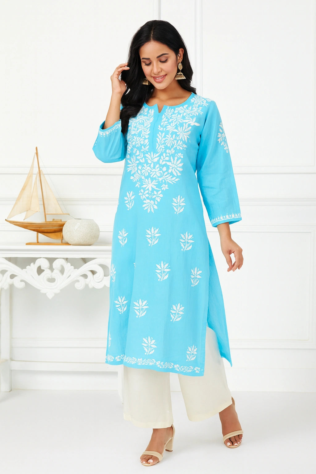 Lucknow Fashion Diary Hand Embroidered Lucknowi Chikankari Women's Blue Rayon Kurti