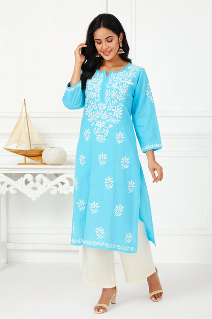 Lucknow Fashion Diary Hand Embroidered Lucknowi Chikankari Women's Blue Rayon Kurti