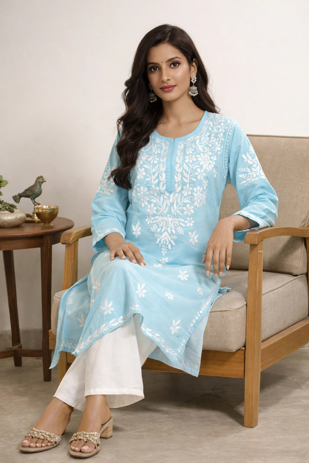 Lucknowi Fashion Diary Hand Embroidered Lucknowi Chikankari Blue Rayon Kurti 