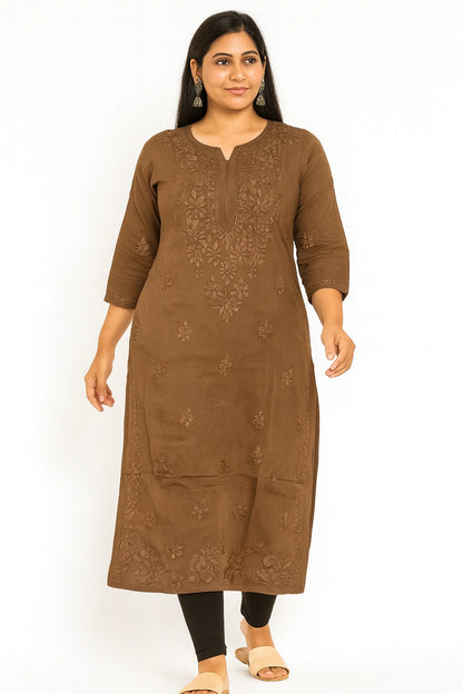 Lucknow Fashion Diary Hand Embroidered Lucknowi Chikankari Women's Brown Modal Kurti