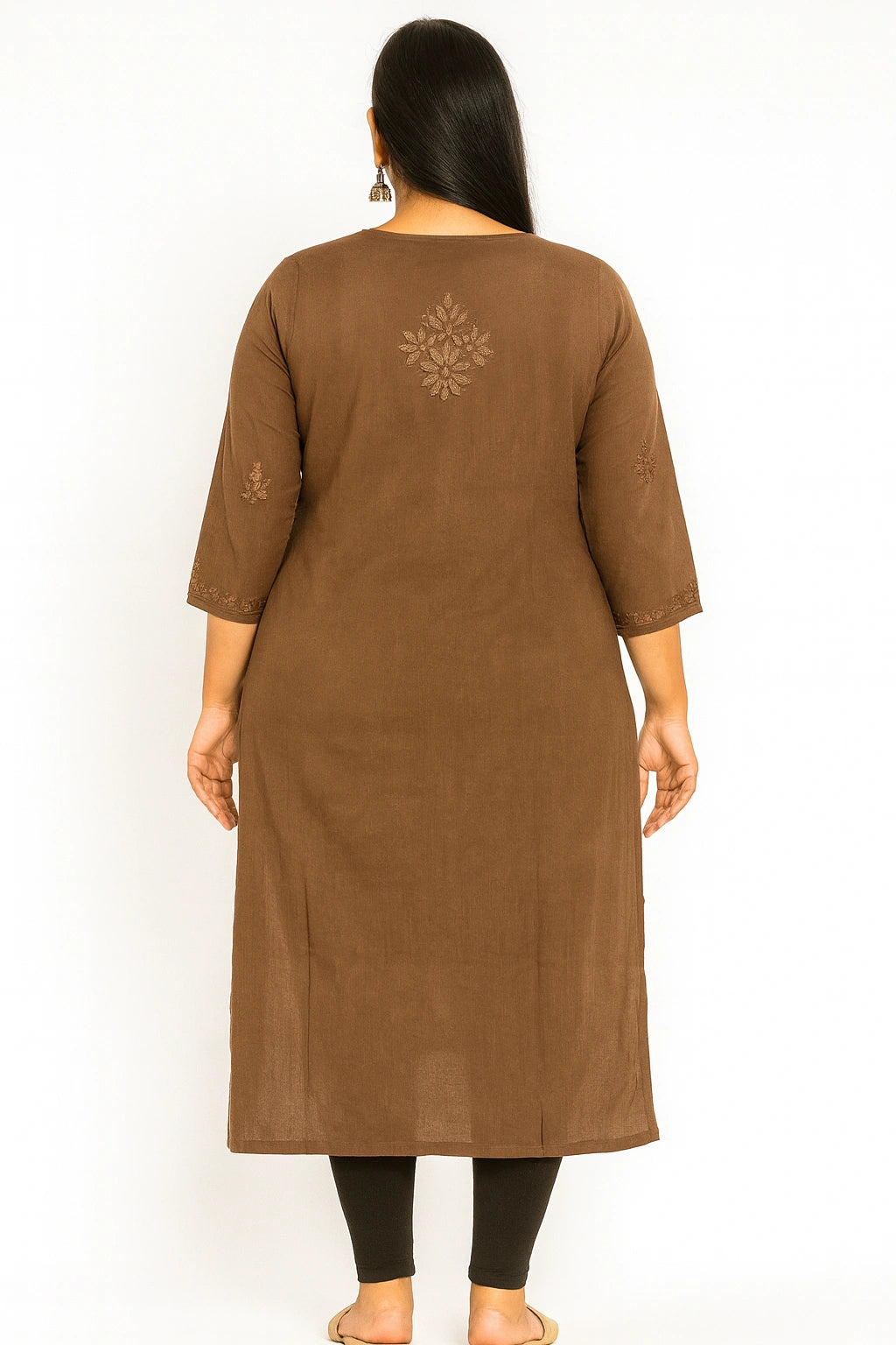 Brown kurta with an embroidered design on a white background