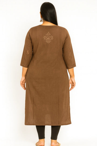 Brown kurta with an embroidered design on a white background