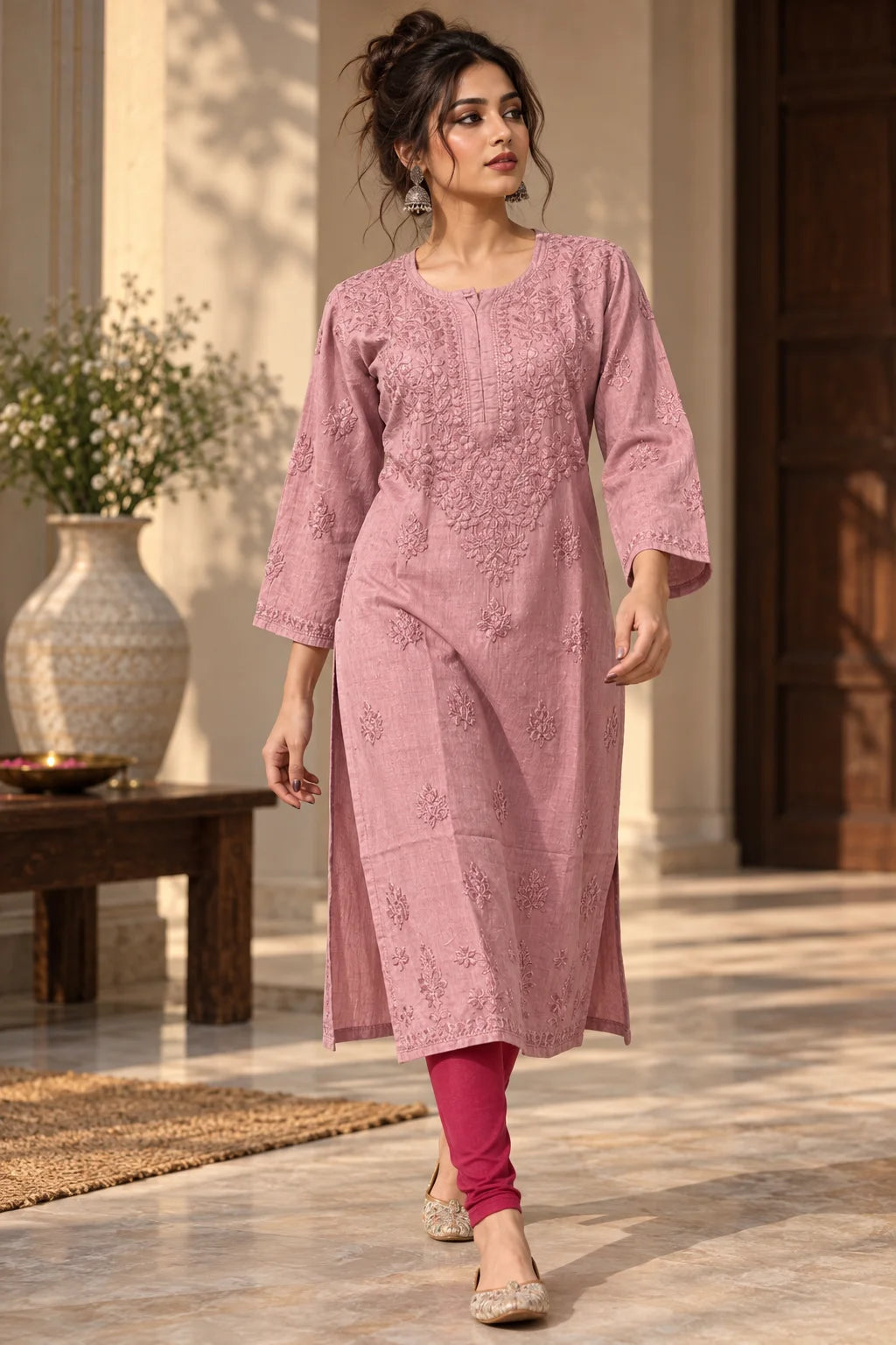 Lucknow Fashion Diary Hand Embroidered Lucknowi Chikankari Women's Brownish Pink Dobby Cotton Kurta