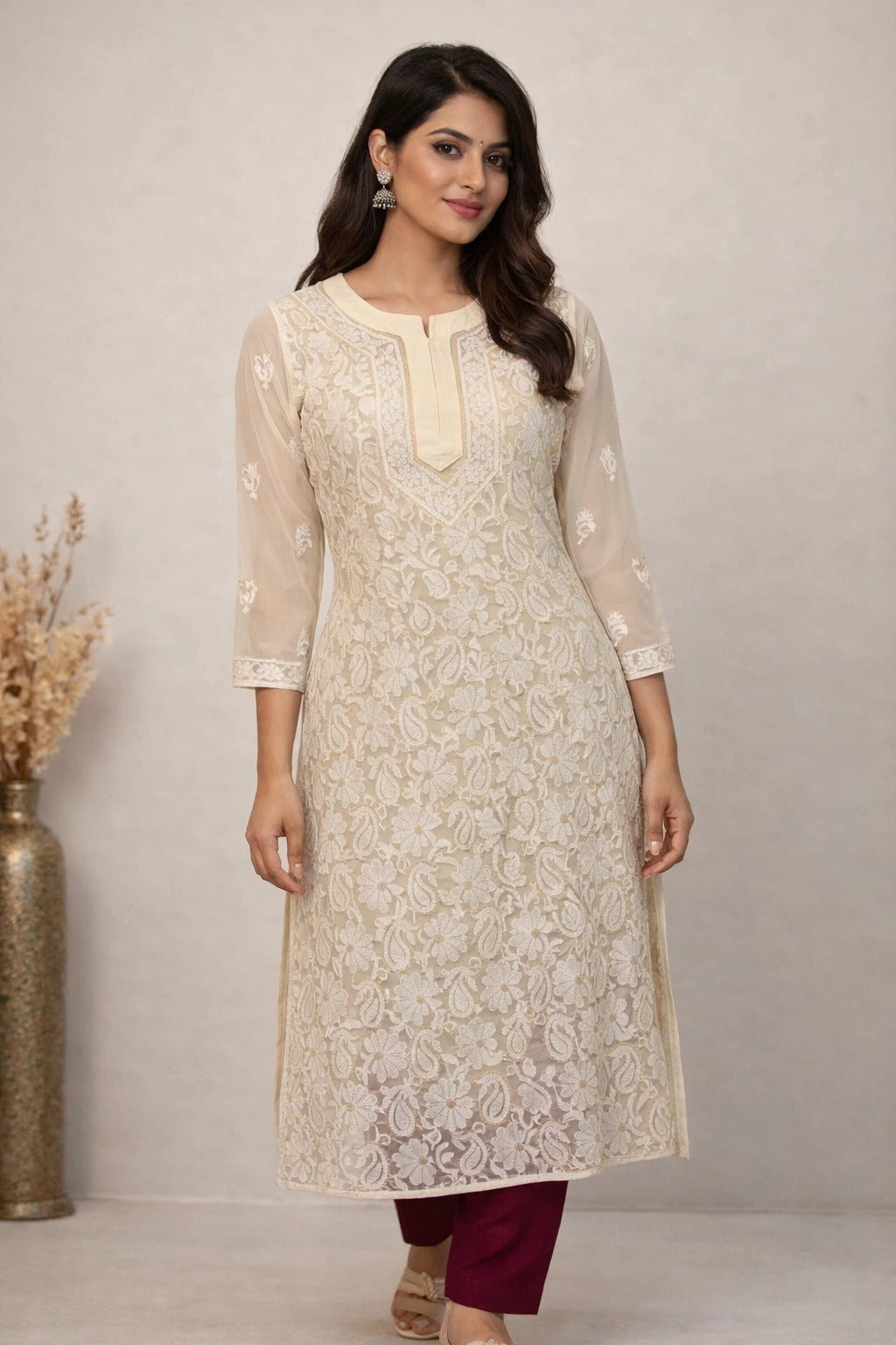 Woman wearing a beige embroidered kurta with maroon pants against a neutral background