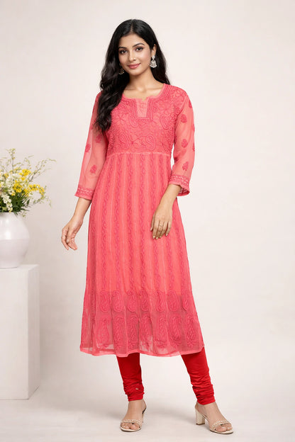 Lucknow Fashion Diary Hand Embroidered Lucknowi Chikankari Women's Coral Pink Georgette Anarkali