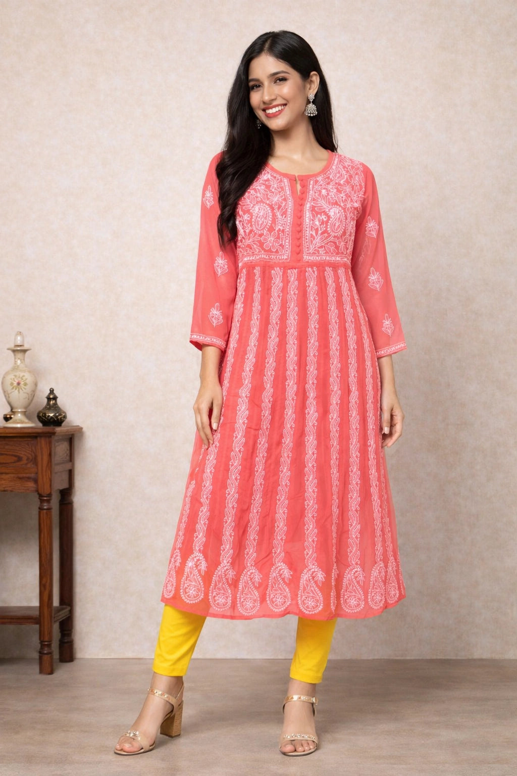 Lucknow Fashion Diary Hand Embroidered Lucknowi Chikankari Women's Coral Pink Georgette Anarkali 