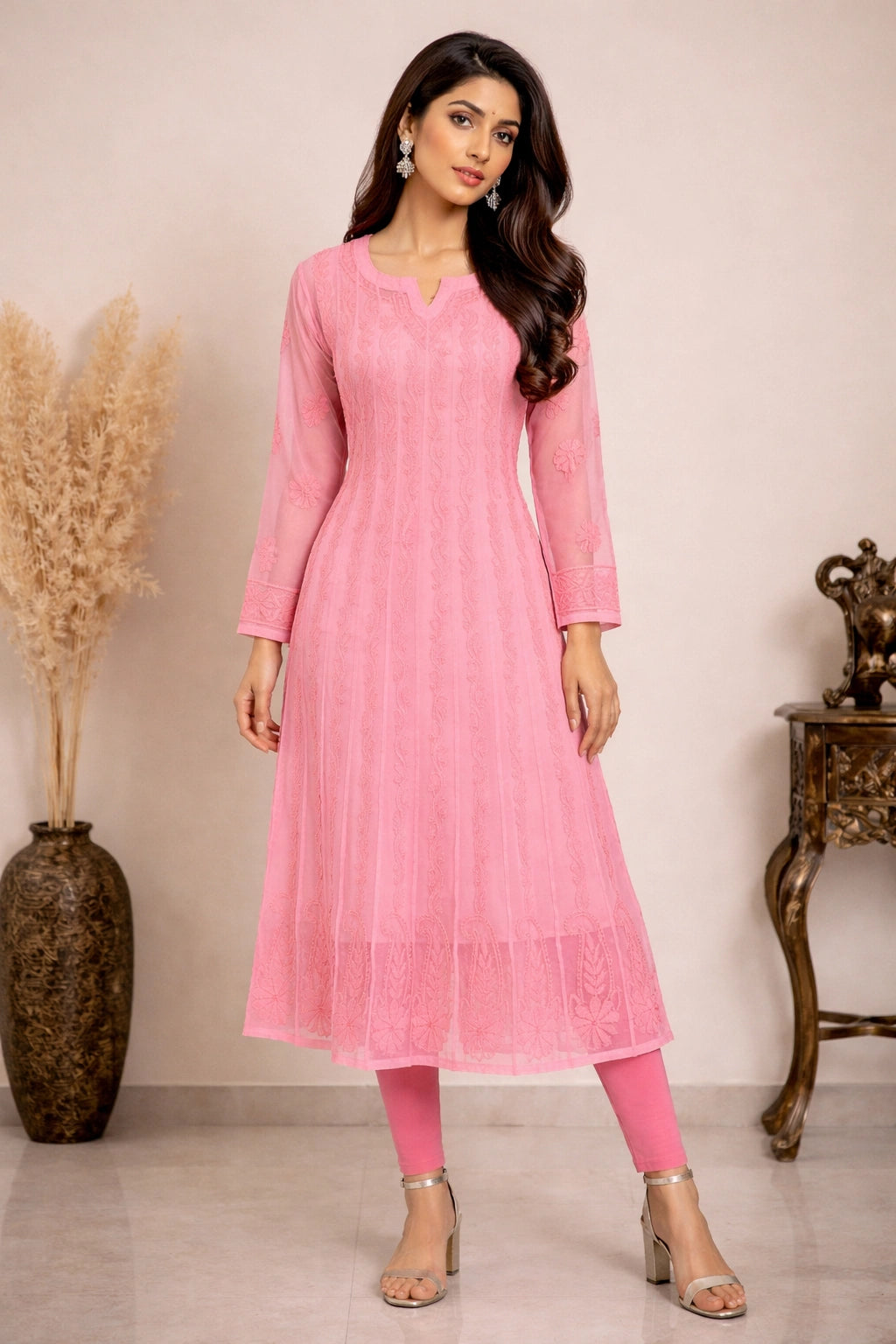 Lucknow Fashion Diary Hand Embroidered Lucknowi Chikankari Women's Coral Pink Georgette Anarkali