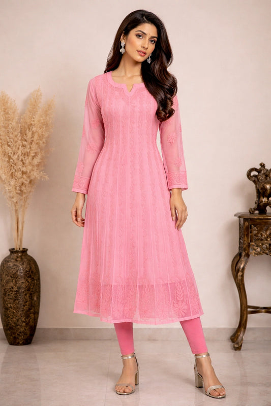 Lucknow Fashion Diary Hand Embroidered Lucknowi Chikankari Women's Coral Pink Georgette Anarkali