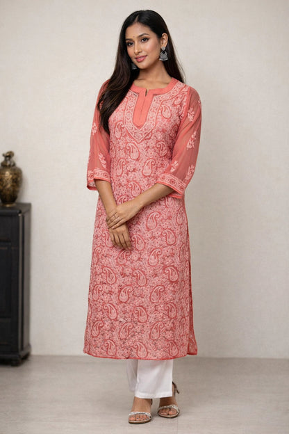 Lucknow Fashion Diary Hand Embroidered Lucknowi Chikankari Women's Coral Pink Georgette Kurta