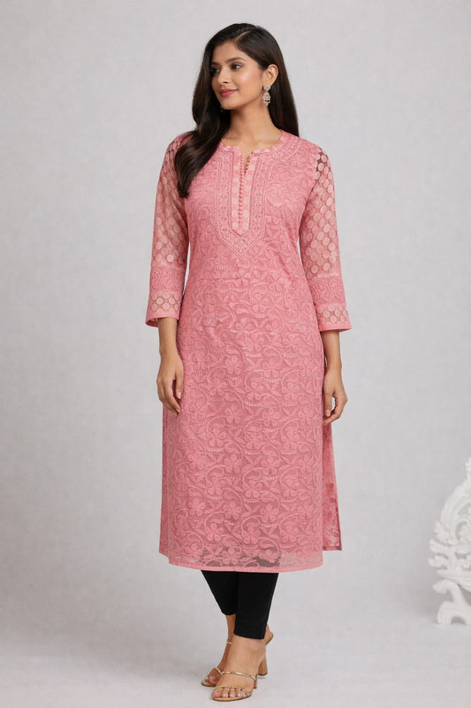 Lucknow Fashion Diary Hand Embroidered Lucknowi Chikankari Women's Coral Pink Georgette Kurta