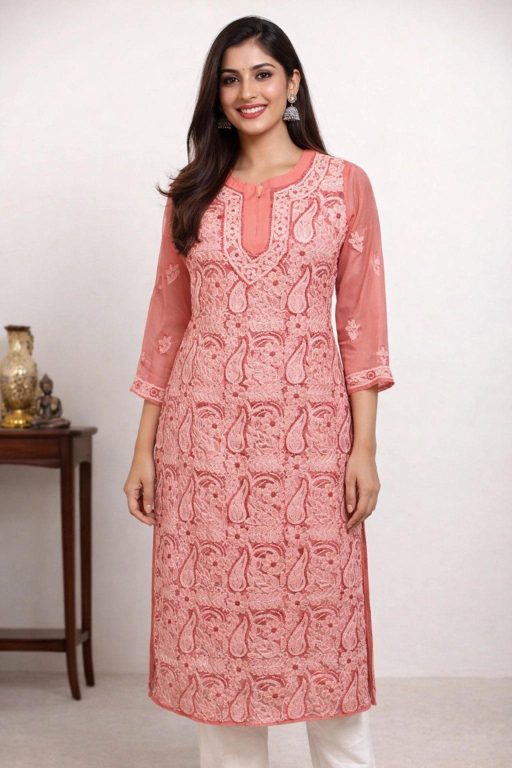 Lucknow Fashion Diary Hand Embroidered Lucknowi Chikankari Women's Coral Pink 'Shagufta' Georgette Kurti 