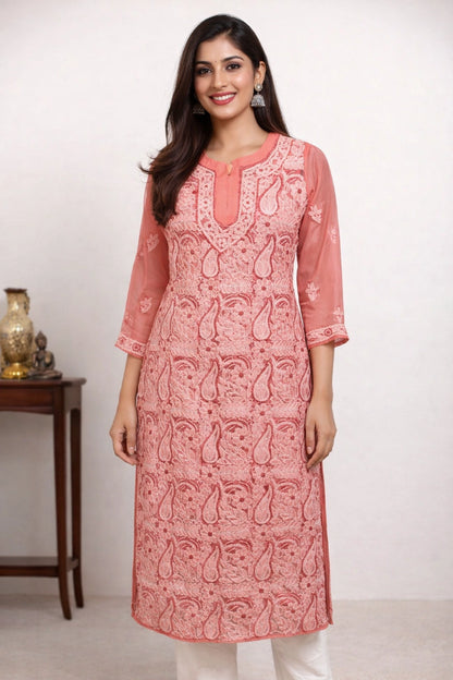 Lucknow Fashion Diary Hand Embroidered Lucknowi Chikankari Women's Coral Pink 'Shagufta' Georgette Kurti 