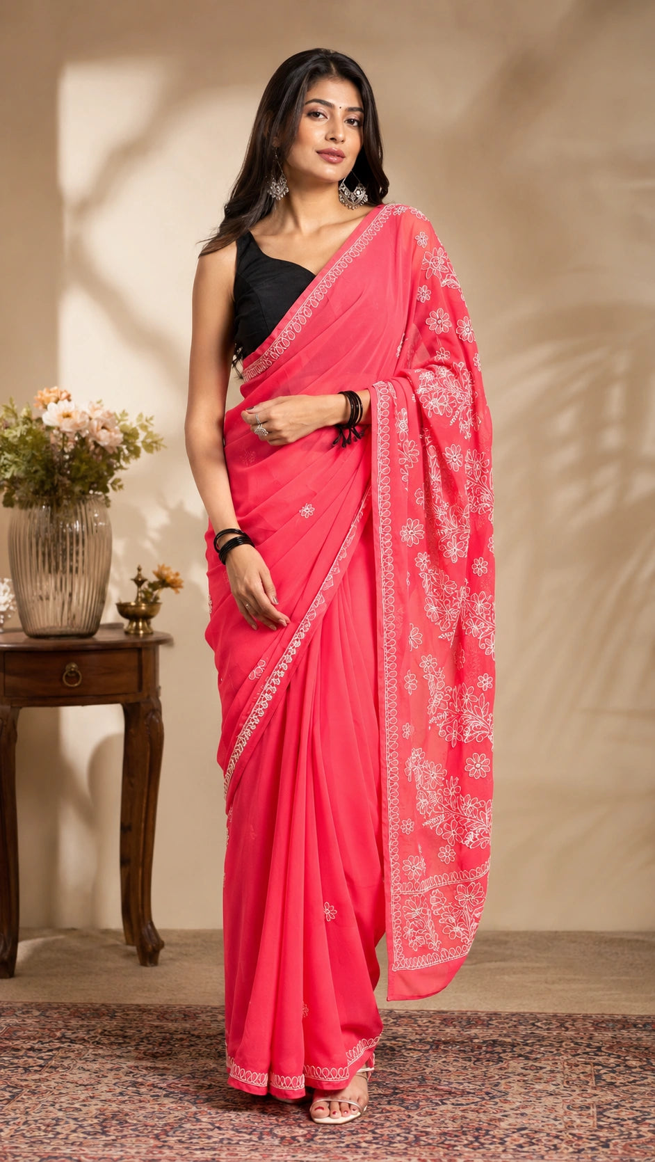 Lucknow Fashion Diary Hand Embroidered Lucknowi Chikankari Women's Coral Pink Georgette Saree With Blouse