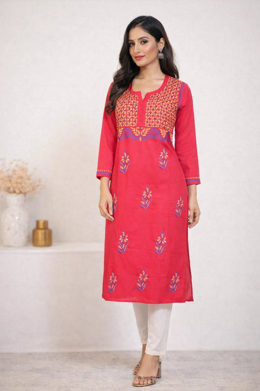 Lucknow Fashion Diary Hand Embroidered Lucknowi Chikankari Women's Coral Red Cotton Kurti