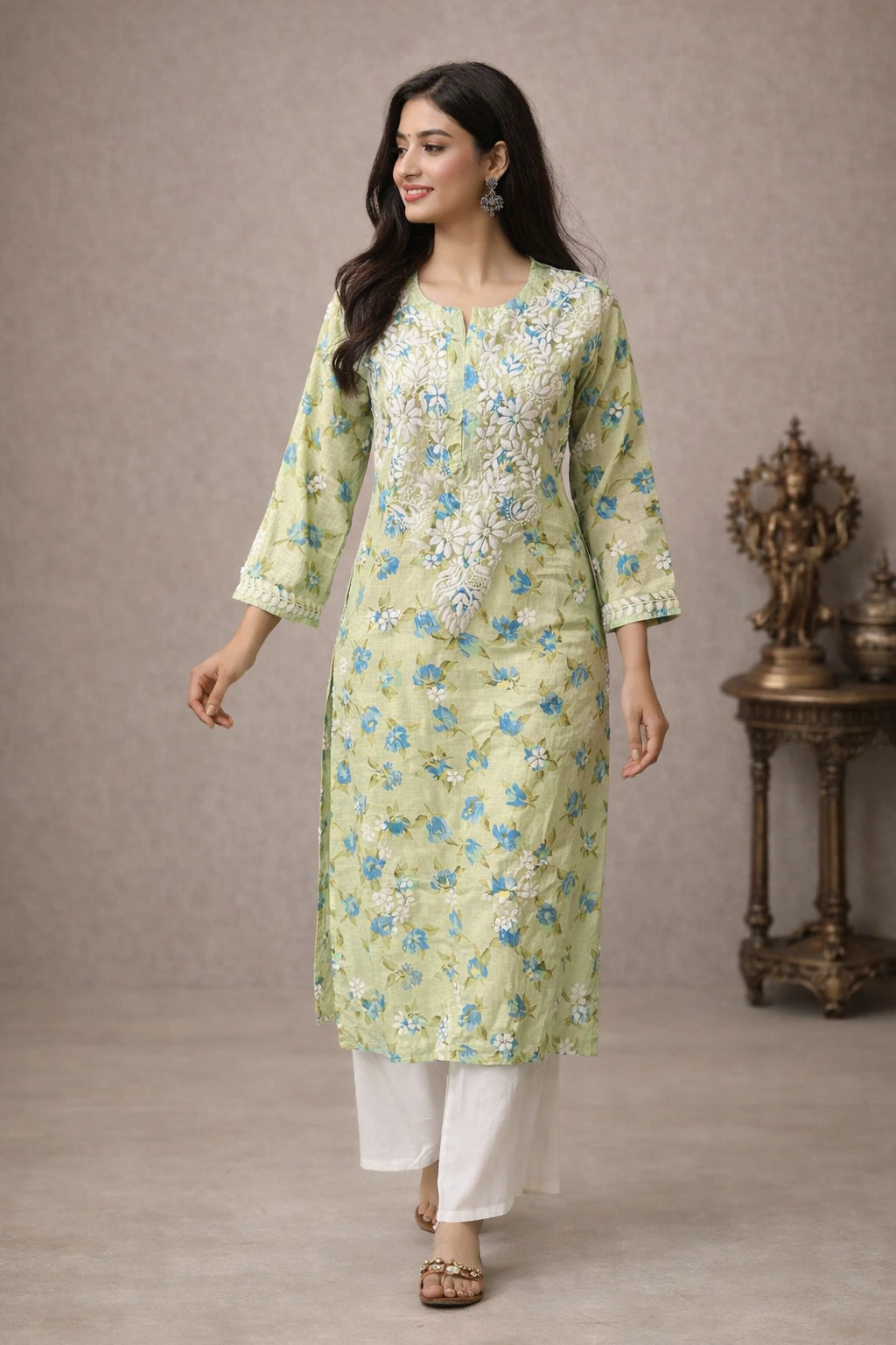 Lucknow Fashion Diary Hand Embroidered Lucknowi Chikankari Women's cream Faux Kota Kurti
