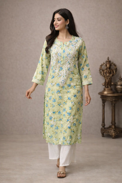 Lucknow Fashion Diary Hand Embroidered Lucknowi Chikankari Women's cream Faux Kota Kurti