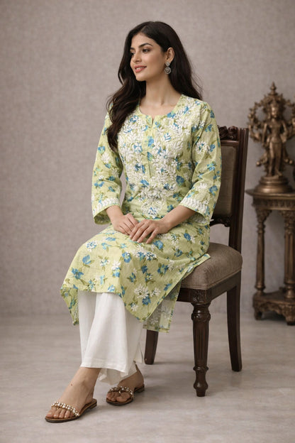 Woman wearing a chikan embroidery light gray dress with a white background