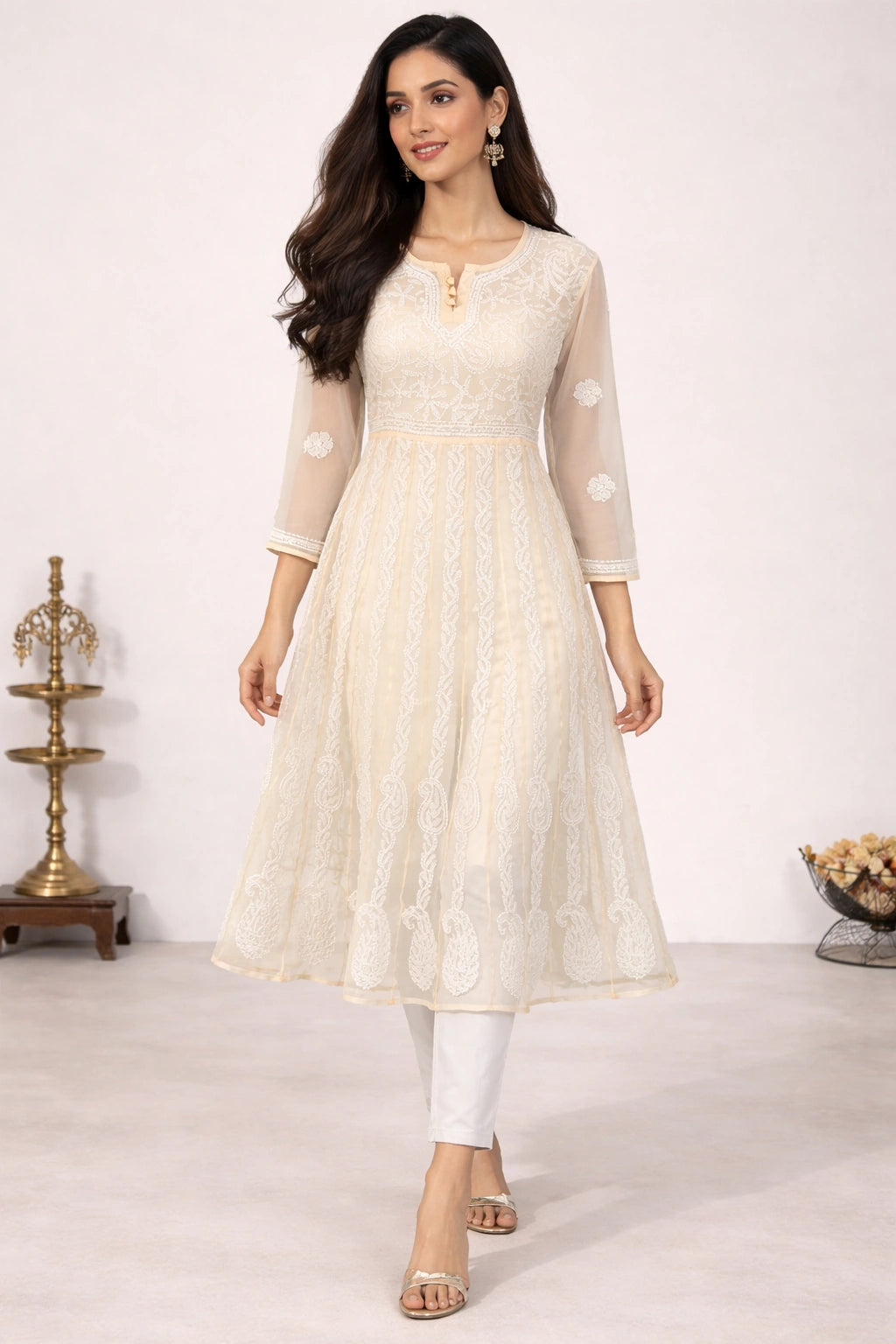 Lucknow Fashion Diary Hand Embroidered Lucknowi Chikankari Women's cream Georgette Anarkali