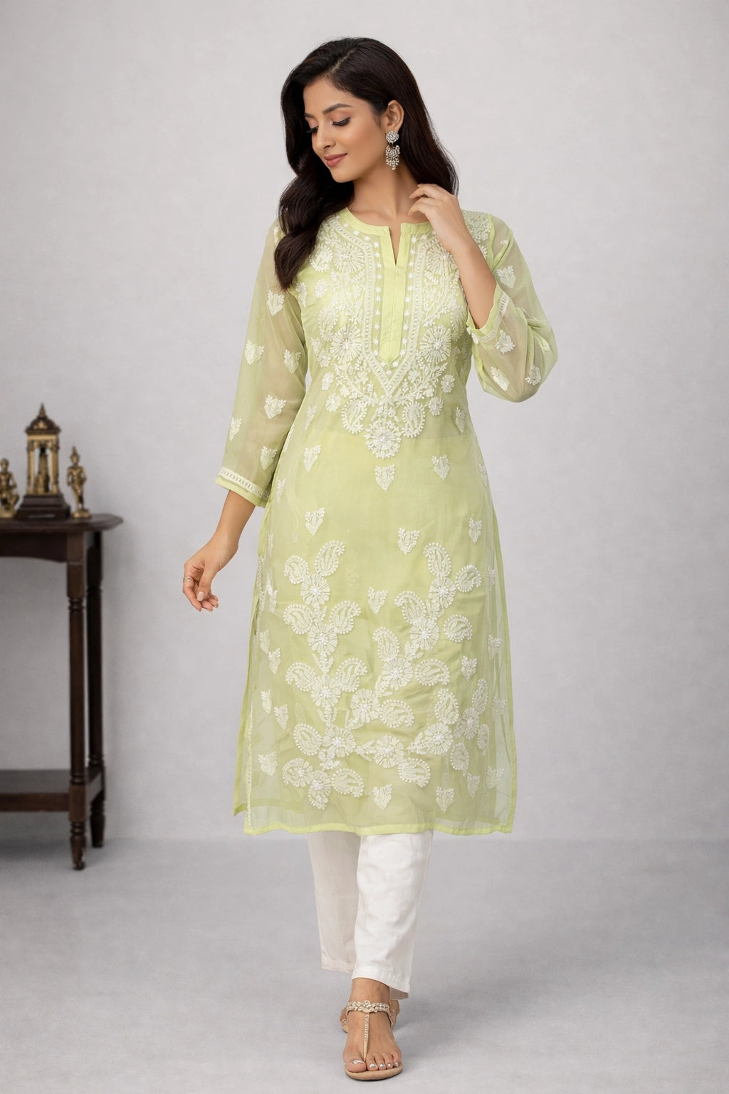 Lucknow Fashion Diary Hand Embroidered Lucknowi Chikankari Women's Cream Georgette Kurti