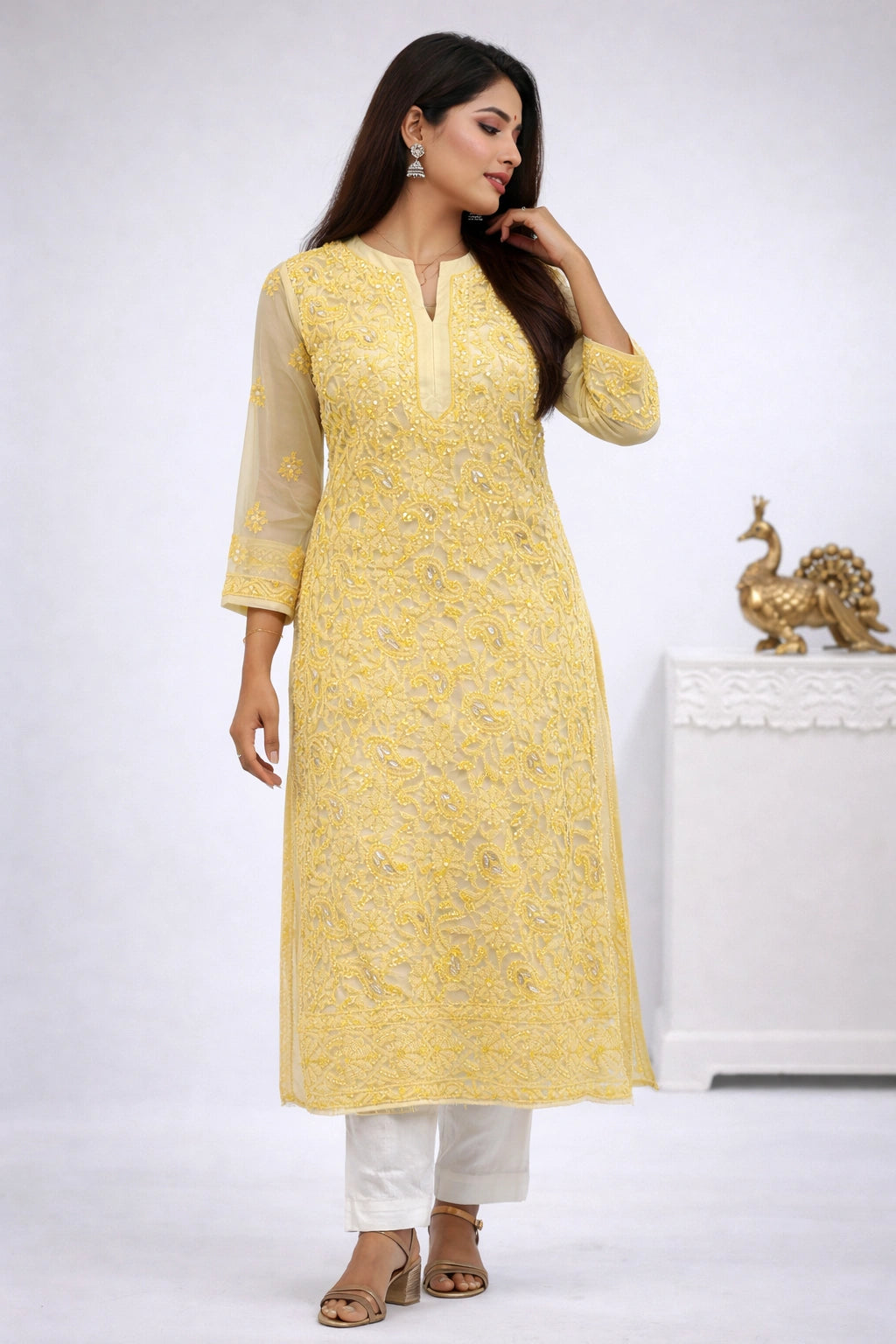 Lucknow Fashion Diary Hand Embroidered Lucknowi Chikankari Women's Cream Georgette Kurti