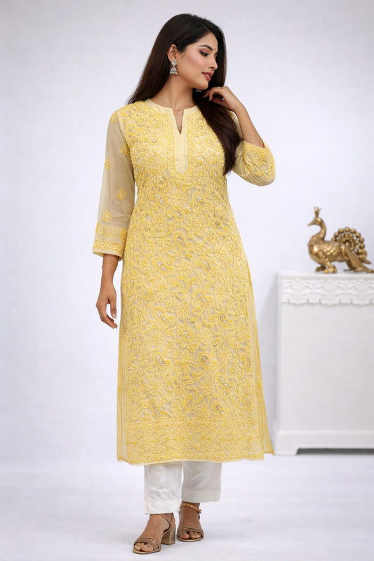 Lucknow Fashion Diary Hand Embroidered Lucknowi Chikankari Women's Cream Georgette Kurti