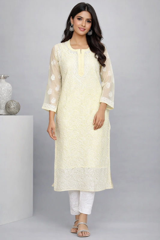 Lucknow Fashion Diary Hand Embroidered Lucknowi Chikankari Women's Cream Georgette Kurti