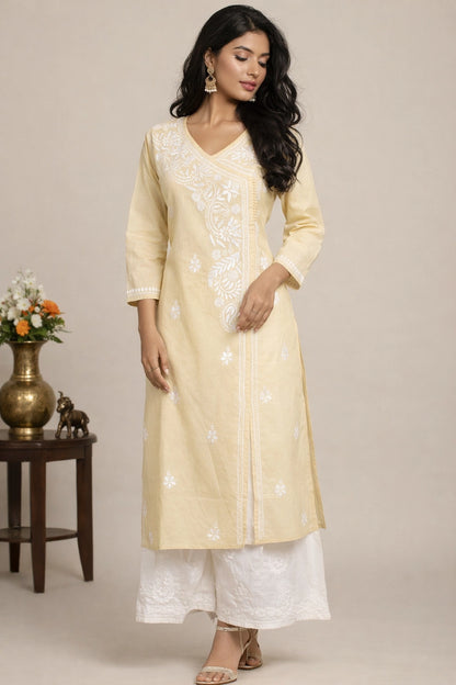 Lucknow Fashion Diary Hand Embroidered Lucknowi Chikankari Women's Fawn Cotton Angrakha