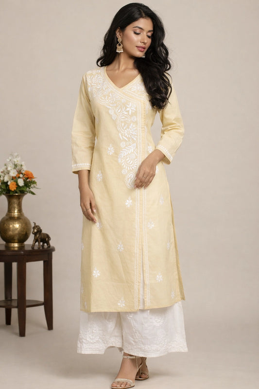 Lucknow Fashion Diary Hand Embroidered Lucknowi Chikankari Women's Fawn Cotton Angrakha