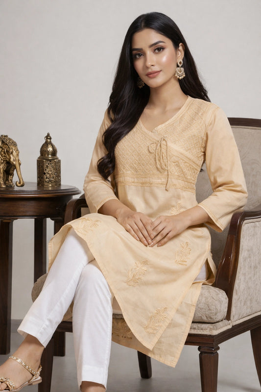 Lucknow Fashion Diary Hand Embroidered Lucknowi Chikankari Women's Fawn Cotton Angrakha