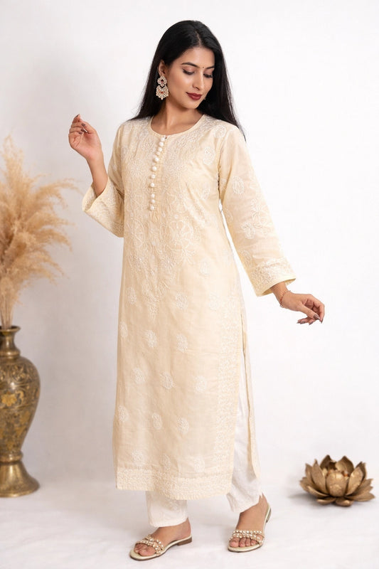 Lucknow Fashion Diary Hand Embroidered Lucknowi Chikankari Women's Fawn Cotton Kurti 