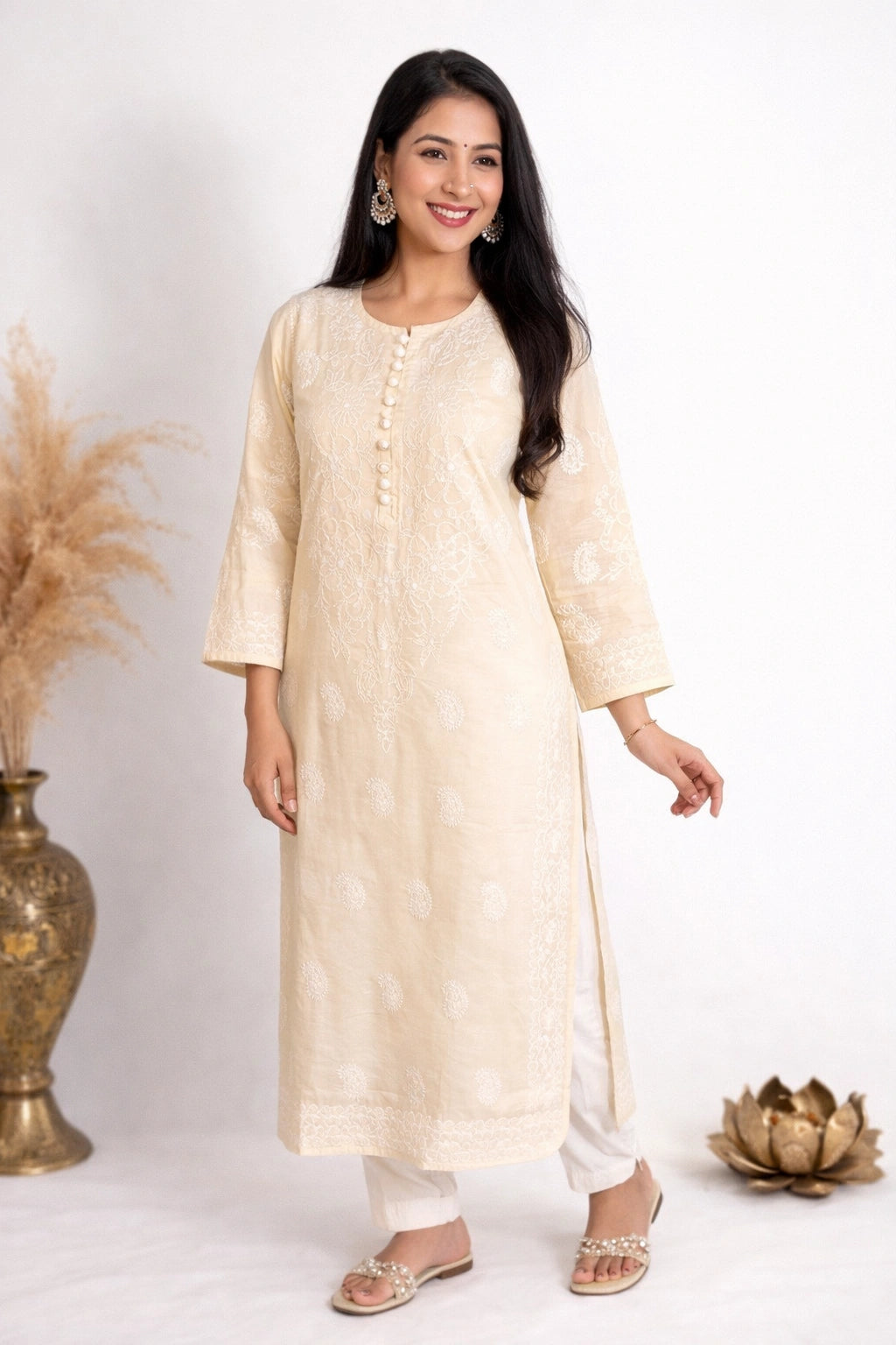 A woman modeling a cream-colored embroidered kurta with white pants and flat sandals, standing against a white studio background with decorative dried grass in a vase and a gold lotus ornament.