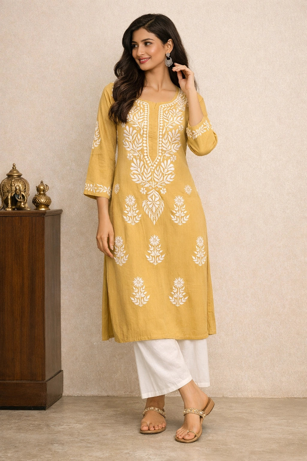 Lucknow Fashion Diary Hand Embroidered Lucknowi Chikankari Women's Fawn 'Karimi' Cotton Kurti 