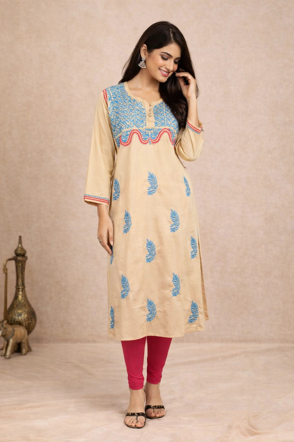 Lucknow Fashion Diary Hand Embroidered Lucknowi Chikankari Women's Fawn Cotton Kurti 