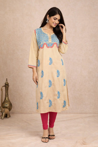 Lucknow Fashion Diary Hand Embroidered Lucknowi Chikankari Women's Fawn Cotton Kurti 