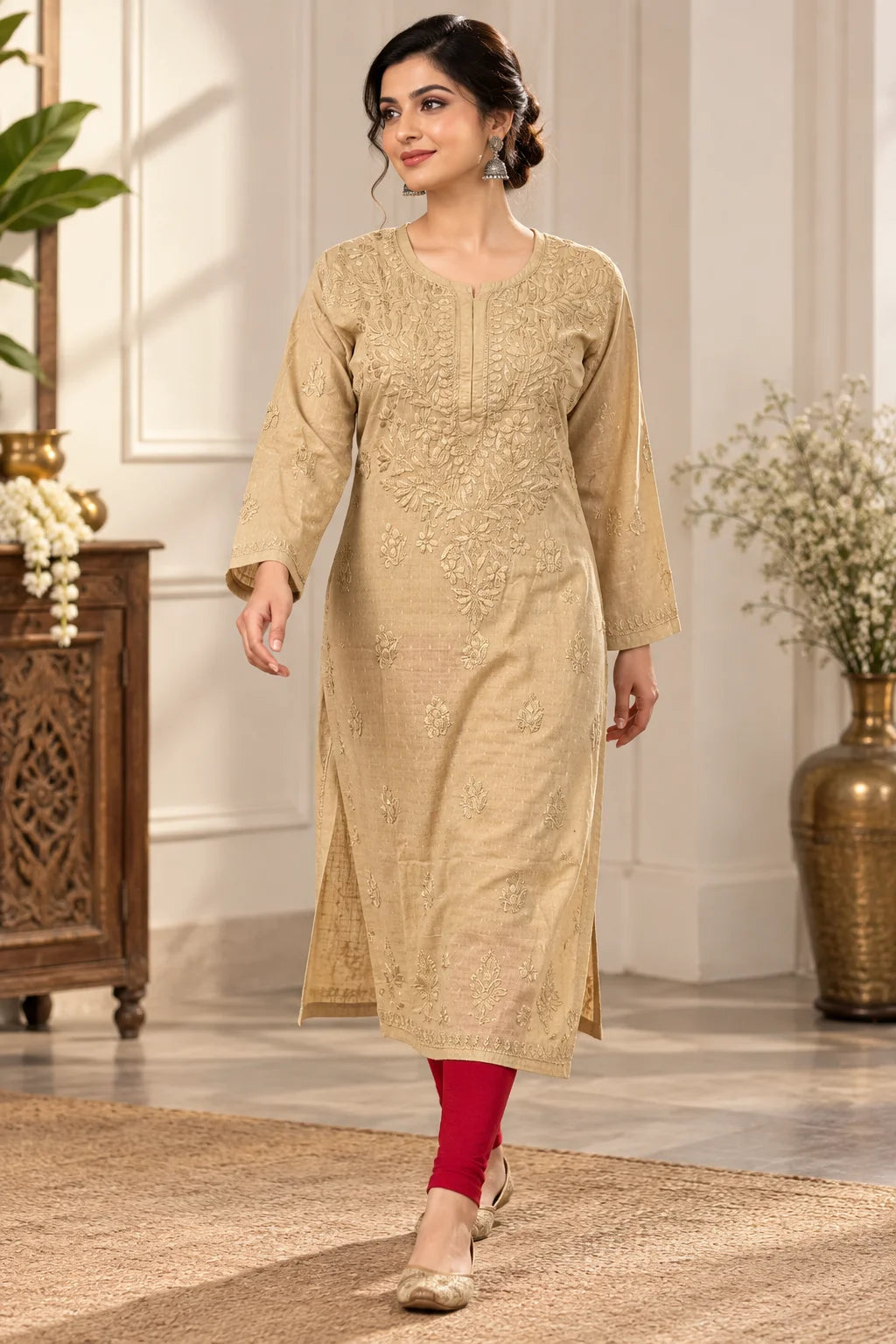 Lucknow Fashion Diary Hand Embroidered Lucknowi Chikankari Women's Fawn Dobby Cotton Kurta