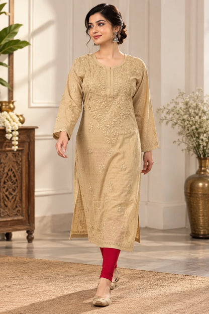 Lucknow Fashion Diary Hand Embroidered Lucknowi Chikankari Women's Fawn Dobby Cotton Kurta