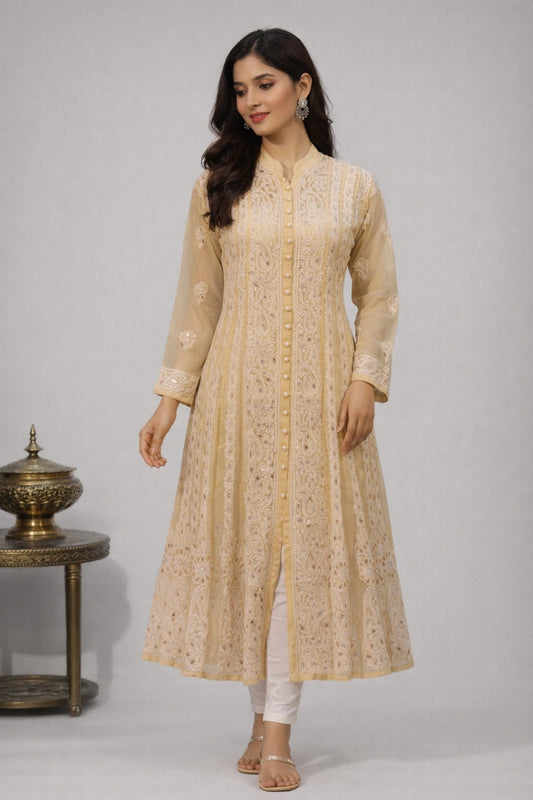 Lucknow Fashion Diary Hand Embroidered Lucknowi Chikankari Women's Fawn Georgette Anarkali