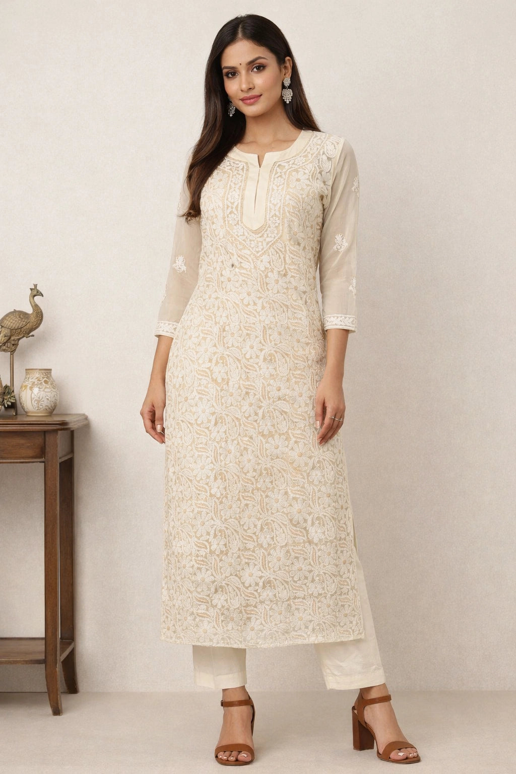 Lucknow Fashion Diary Hand Embroidered Lucknowi Chikankari Women's Fawn Georgette Kurti 
