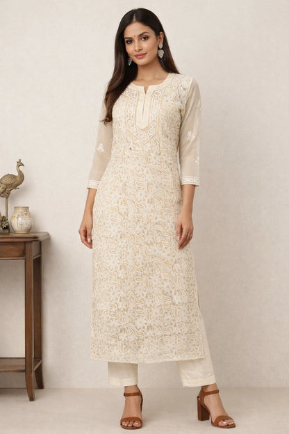 Lucknow Fashion Diary Hand Embroidered Lucknowi Chikankari Women's Fawn Georgette Kurti 